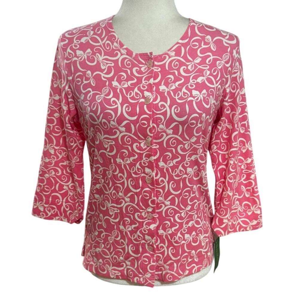Lilly Pulitzer Pink White Printed Cotton Stretch Button Top S Nwt Bow Detail